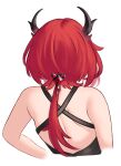  1girl absurdres arknights arknights:_endfield back bare_shoulders black_dress black_horns cropped_torso demon_girl demon_horns dress english_commentary facing_away from_behind highres horns laevatain_(arknights) long_hair mintmosse red_hair simple_background sleeveless sleeveless_dress solo surtr_(arknights) white_background 