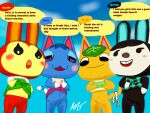 animal_crossing anthro blush bottom_view bottomwear bunnie_(animal_crossing) carmen_(animal_crossing) clothed clothing clothing_lift dialogue el english_text felid feline female good_girl group hi_res lagomorph looking_down mammal nintendo outside provo provocative raised_bottomwear raised_clothing raised_skirt rob-posa rosie_(animal_crossing) skirt skirt_lift speech_bubble standing tangy_(animal_crossing) text
