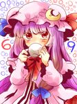  cup drinking hat long_hair patchouli_knowledge purple_hair red_eyes solo staring teacup touhou zawameki 