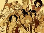  6+boys abs afro alcohol armlet artist_request bangle book bracelet breasts brook cigarette cleavage clima-tact copyright_name crossed_arms earrings epaulettes everyone facial_hair franky glasses hat headphones jewelry log_pose medium_breasts monkey_d_luffy multiple_boys multiple_girls nami_(one_piece) necklace necktie nico_robin one_eye_closed one_piece roronoa_zoro sanji scar skeleton straw_hat tattoo tony_tony_chopper usopp 