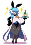  1girl alternate_color animal_ears bare_shoulders black_gloves black_leotard blue_hair blue_skin blush bow bowtie breasts champagne_bottle champagne_flute cleavage colored_skin commentary_request cup detached_collar drinking_glass elbow_gloves fake_animal_ears fake_tail fishnet_pantyhose fishnets full_body gardevoir gloves grey_pantyhose half-closed_eyes high_heels highleg highleg_leotard highres huge_breasts leotard looking_at_viewer multicolored_skin open_mouth pantyhose playboy_bunny pokemon pokemon_(creature) rabbit_ears rabbit_tail red_eyes shiny_pokemon short_hair showgirl_skirt siglk skirt smile solo sparkle tail thick_thighs thighs tray two-tone_skin white_skin white_skirt 