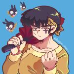  1boy absurdres bandana black_eyes black_hair blue_background bubba_nuki clenched_hand english_commentary fang hibiki_ryouga highres holding holding_umbrella male_focus pig ranma_1/2 red_umbrella skin_fang umbrella yellow_bandana 