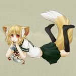  animal_ears black_legwear blonde_hair chin_rest fox_ears fox_tail kneehighs legs_up lying mouth_hold nekoya_saki on_stomach original red_eyes ribbon school_uniform serafuku simple_background skirt socks solo tail 