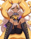  1girl absurdres bare_shoulders black_boots black_skirt blonde_hair blush boots breasts cleavage closed_mouth commentary_request dark-skinned_female dark_skin detached_sleeves duel_monster gem grey_hair hand_on_own_chest highres knee_boots large_breasts long_hair looking_at_viewer miya_(art_aefu) multicolored_hair navel nea_(princess_connect!) pointy_ears princess_connect! sitting skirt slime_(substance) smile solo very_long_hair yellow_eyes 
