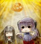  bad_id bad_pixiv_id black_hair blush_stickers cream_puff face food furude_rika hanyuu higurashi_no_naku_koro_ni horns lolicept long_hair multiple_girls o_o outstretched_arms plaid purple_hair sketch skirt spread_arms 