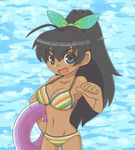  bikini black_hair blue_eyes dark_skin fang ganaha_hibiki high_ponytail idolmaster idolmaster_(classic) innertube long_hair ponytail solo swimsuit tan yashiroku 