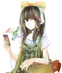  bow brown_eyes brown_hair hair_bow hair_ornament hairclip headphones kazabosi long_hair musical_note original solo 