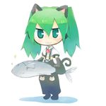  :3 chibi fish green_eyes green_hair hatsune_miku lowres nyan_ko_(module) project_diva project_diva_(series) sakutoko solo suspenders twintails vocaloid 