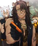  3boys animal_ears black_gloves black_jacket braid brown_hair character_name commentary_request con_potata dark-skinned_male dark_skin gloves green_eyes holding holding_marker hyena_boy hyena_ears jack_howl jacket leather leather_jacket leona_kingscholar lion_boy lion_ears long_hair looking_at_viewer male_focus marker multiple_boys outdoors ruggie_bucchi savanaclaw_dorm savanaclaw_dorm_uniform sleeveless sleeveless_jacket twin_braids twisted_wonderland upper_body wolf_boy wolf_ears writing 