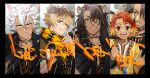  4boys animal_ears black_border black_gloves black_jacket blonde_hair blue_eyes border brown_eyes brown_hair character_name cheka_kingscholar child commentary_request con_potata dark-skinned_male dark_skin fingerless_gloves gloves green_eyes holding holding_marker hyena_boy hyena_ears jack_howl jacket leather leather_jacket leona_kingscholar lion_boy lion_ears looking_at_viewer male_focus marker multiple_boys orange_hair outdoors ruggie_bucchi savanaclaw_dorm savanaclaw_dorm_uniform scar scar_across_eye scar_on_face sleeveless sleeveless_jacket twisted_wonderland upper_body white_hair wolf_boy wolf_ears writing yellow_eyes 
