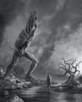 2023 ambiguous_gender anthro armless biped christopher_stoll clothed clothed_human clothing coat digital_drawing_(artwork) digital_media_(artwork) digitigrade eyeless front_view full-length_portrait greyscale gums hair hi_res human larger_anthro looking_at_another mammal monochrome monster multi_mouth outside plant plantigrade portrait side_view size_difference smaller_human solo standing teeth topwear twitter_handle water