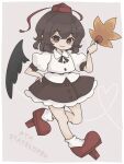  1girl :3 black_ribbon black_skirt brown_eyes brown_hair closed_mouth collared_shirt commentary crossed_bangs earrings frilled_skirt frills full_body hand_on_own_hip hand_up harukairo hat hauchiwa jewelry legs_apart looking_at_viewer neck_ribbon puffy_short_sleeves puffy_sleeves red_hat red_shoes ribbon shameimaru_aya shirt shoes short_hair short_sleeves skirt sleeve_cuffs smile socks solo tokin_hat touhou untranslatable_commentary white_shirt white_socks 