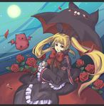  blazblue blonde_hair bow flower gii long_hair nago petals rachel_alucard red_bow red_eyes red_flower red_rose ribbon rose rose_petals solo twintails yuuka_seisen 