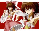  brown_eyes brown_hair detached_sleeves hair_ribbon hakurei_reimu hands leon_(mikiri_hassha) midriff navel ofuda open_mouth ribbon short_hair sidelocks solo touhou zoom_layer 