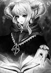  absurdres book fangs greyscale highres horns jewelry monochrome necklace original pointy_ears solo yamanashi_mashiro 