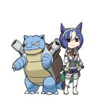  1girl animal_ears black_gloves blastoise blue_hair braid cesario_(future_weaver)_(umamusume) cesario_(umamusume) closed_mouth commentary_request crown_braid full_body gloves hair_between_eyes horse_ears horse_girl horse_tail jacket looking_at_viewer mr._ebidou multicolored_hair pokemon pokemon_(creature) short_hair simple_background smile tail two-tone_hair umamusume white_hair white_jacket 