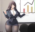  1girl 2others :o black_jacket black_pantyhose black_skirt blazer blunt_bangs blush breasts brittany_(keenh) brown_hair business_suit cleavage collarbone collared_shirt commentary commission covered_navel curvy dress_shirt english_commentary green_eyes highres holding holding_tablet_pc indoors jacket keenh long_hair long_sleeves multiple_others open_mouth original pantyhose shirt sidelocks skirt standing suit tablet_pc white_shirt wide_hips 