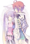  1girl asbel_lhant bad_id bad_pixiv_id blue_eyes blush brown_hair copyright_name gauntlets looking_back mugura o-ring purple_eyes purple_hair sophie_(tales) tales_of_(series) tales_of_graces twintails white_background 