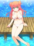  barefoot bikini breasts dock green_eyes highres kurarin large_breasts legs long_hair original red_hair sitting smile soaking_feet solo swimsuit twintails water 