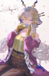  1girl absurdres alcohol arknights bare_shoulders blonde_hair branch breasts camisole chinese_commentary cleavage closed_eyes colored_extremities commentary cup dragon_girl dragon_horns drink falling_petals flower frilled_sleeves frills hair_between_eyes hair_flower hair_intakes hair_ornament highres holding holding_drink horns jacket long_hair long_sleeves multicolored_hair official_alternate_costume orange_flower petals pink_jacket pointy_ears puranetto_(vjun4748) purple_hair sakazuki sake shawl shu_(arknights) shu_(spring_feast)_(arknights) small_breasts solo tassel white_flower white_hair white_shawl wind yellow_camisole 