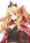 1girl absurdres asymmetrical_sleeves blonde_hair bow cloak commentary_request dress ereshkigal_(fate) fate/grand_order fate_(series) hair_bow hair_ribbon highres hood hooded_cloak imayoh infinity_symbol long_hair open_mouth parted_bangs red_cloak red_eyes red_ribbon ribbon skull skull_ornament solo spine tiara two-sided_cloak two-sided_fabric two_side_up very_long_hair 