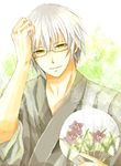  bad_id bad_pixiv_id fan glasses green_kimono grey_hair ichitaro japanese_clothes kimono male_focus morichika_rinnosuke paper_fan smile solo touhou uchiwa yellow_eyes yukata 