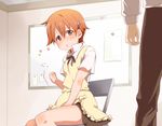  apron bad_id bad_pixiv_id blush clenched_hand hair_ornament hairpin inami_mahiru kata_(811505) orange_hair short_hair solo waitress working!! 