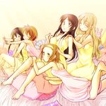  akiyama_mio barefoot bed black_eyes black_hair blonde_hair brown_eyes brown_hair bunny closed_eyes feet hirasawa_yui k-on! kotobuki_tsumugi long_hair multiple_girls nakano_azusa nakoumi_kokoro nightgown pillow short_hair stuffed_animal stuffed_toy tainaka_ritsu 