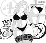  1girl absurdres adjusting_clothes adjusting_panties artist_name ass black_bra black_panties bra breasts cleavage closed_mouth collarbone commentary cowboy_shot cut-in earrings english_commentary fantastic_four greyscale highres hoop_earrings huge_ass jewelry lace lace_thighhighs large_breasts legs_together linea_alba long_hair looking_at_viewer marvel marvel_rivals meme monochrome navel panties saguinee signature solo sue_storm tap_me_(meme) thick_thighs thighhighs thighs tsurime underwear underwear_only 