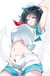  1girl :p absurdres anchor blue_eyes blue_sailor_collar breasts chain commentary green_hair hat highres large_breasts looking_at_viewer midriff murasa_minamitsu navel one_eye_closed raptor7 sailor_collar sailor_hat shirt short_sleeves shorts solo stretching tongue tongue_out touhou untranslatable_commentary white_hat white_shirt white_shorts 