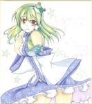  bare_shoulders detached_sleeves frog green_hair hair_ornament hand_on_own_chest kochiya_sanae long_hair makino_(ukiuo) shikishi smile solo star touhou 