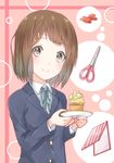  alternate_hairstyle bad_id bad_pixiv_id banned_artist brown_eyes brown_hair cake clip food hirasawa_yui k-on! mirai_(macharge) mirror school_uniform scissors short_hair solo 