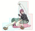  1girl blazblue blush bocchi_the_rock! braid dress geta gotoh_hitori gotoh_hitori_(tsuchinoko) green_dress hiroi_kikuri hitbox jacket long_hair makoto_nanaya multicolored_jacket purple_eyes purple_hair simple_background solo torako_(toramaru) tsuchinoko two-tone_jacket uppercut white_background 