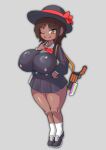  >_o 1girl absurdres black_skirt bow bowtie breasts brown_eyes brown_hair commentary_request dark-skinned_female dark_skin gun hat highres kindergarten_uniform langssi large_breasts limbus_company limbus_kindergarten_uniform official_alternate_costume one_eye_closed outis_(project_moon) pleated_skirt project_moon red_bow revolver school_hat skirt socks solo traditional_bowtie weapon white_socks 