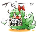  bow chibi drawing ex-keine excited fujiwara_no_mokou green_hair horns kamishirasawa_keine o_o ribbon solo sparkle tail tail_wagging touhou viva!! 