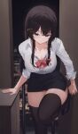  1girl absurdres arm_support black_hair black_panties black_shoes black_skirt black_thighhighs blue_eyes blurry blurry_background bow bowtie braid breasts button_gap cleavage closed_mouth collarbone collared_shirt commentary crossed_bangs doorway double-parted_bangs dress_shirt foot_out_of_frame hair_between_eyes hair_ornament heart heart_hair_ornament high_heels highres lace-trimmed_panties lace_trim large_breasts long_hair long_sleeves looking_to_the_side loose_bowtie miniskirt open_door panties pantyshot pencil_skirt pov_doorway pumps red_bow red_bowtie seehyun1031 shirayuki_hina shirt shoes side_braid sideways_glance single_braid skirt sleeves_rolled_up solo standing standing_on_one_leg stellive stiletto_heels thighhighs underwear very_long_hair virtual_youtuber white_shirt 