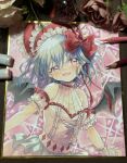  1girl :d absurdres art_tools_in_frame bat_wings blue_hair bonnet bow colored_pencil_(medium) dated detached_sleeves dress highres looking_at_viewer marker_(medium) mosho open_mouth pink_background pink_dress red_bonnet red_bow remilia_scarlet shikishi short_hair signature sleeveless sleeveless_dress smile solo touhou traditional_media upper_body wings 
