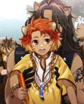  4boys animal_ears armpit_carry black_gloves black_jacket brown_eyes brown_hair carrying carrying_person cheka_kingscholar child commentary_request con_potata dark-skinned_male dark_skin gloves green_eyes holding holding_marker hyena_boy hyena_ears jack_howl jacket laughing leather leather_jacket leona_kingscholar lion_boy lion_ears long_hair male_focus marker multiple_boys orange_hair outdoors ruggie_bucchi savanaclaw_dorm savanaclaw_dorm_uniform scar scar_across_eye scar_on_face shirt short_hair sleeveless sleeveless_jacket stifled_laugh translation_request twisted_wonderland uncle_and_nephew upper_body wolf_boy wolf_ears writing yellow_shirt 