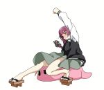  1girl blazblue blush bocchi_the_rock! braid dress geta gotoh_hitori gotoh_hitori_(tsuchinoko) green_dress hiroi_kikuri jacket long_hair makoto_nanaya multicolored_jacket purple_eyes purple_hair simple_background solo torako_(toramaru) tsuchinoko two-tone_jacket uppercut white_background 