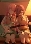  2girls absurdres bang_dream! bang_dream!_it's_mygo!!!!! black_socks brown_sweater_vest chihaya_anon chiqingse closed_mouth commentary diagonal-striped_clothes diagonal-striped_necktie electric_guitar green_necktie green_skirt grey_hair guitar hair_between_eyes haneoka_school_uniform highres holding holding_pencil instrument kneehighs long_hair multiple_girls necktie parted_lips pencil pink_hair plaid_clothes plaid_skirt pleated_skirt school_uniform shirt short_hair sitting skirt sleeping socks striped_clothes sweater_vest takamatsu_tomori white_shirt 