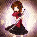  amami_haruka black_eyes brown_hair casual idolmaster idolmaster_(classic) macino short_hair solo sword weapon 