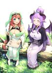  2girls :d ^_^ bare_shoulders blue_eyes blush braid breasts capelet cleavage cleavage_cutout closed_eyes clothing_cutout commentary_request demon_girl demon_horns demon_wings dragon_girl dragon_wings dress elbow_gloves flower frills full_body gloves grass green_dress hair_bun highres holding homare_(princess_connect!) horns jewelry large_breasts long_hair long_sleeves looking_at_another misato_(princess_connect!) multiple_girls off-shoulder_dress off_shoulder open_mouth outdoors pencil pointing pointy_ears princess_connect! purple_dress purple_gloves purple_hair purple_wings red_hair sidelocks single_hair_bun single_side_bun sitting sketchbook smile tree umekobucha veil very_long_hair white_background white_dress wide_sleeves wings 