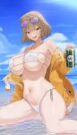  1girl absurdres anis_(nikke) anis_(sparkling_summer)_(nikke) aviator_sunglasses bare_shoulders beach bikini blue_sky blush breasts brown_hair can cleavage cloud commentary_request day drink_can eyepatch_bikini eyewear_on_head gangjeong goddess_of_victory:_nikke highres holding holding_can in_water jacket jacket_partially_removed jewelry korean_commentary large_breasts looking_at_viewer navel necklace ocean official_alternate_costume open_mouth orange_jacket pink-tinted_eyewear purple-tinted_eyewear short_hair side-tie_bikini_bottom sky smile soda_can solo star_(symbol) star_necklace sunglasses swimsuit thighs tinted_eyewear undersized_breast_cup white_bikini yellow_jacket 