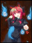  animal_ears bow braid breasts cat_ears dress fang ghost hair_bow kaenbyou_rin large_breasts naroku-kariki red_eyes red_hair skull solo touhou twin_braids 