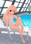  bad_id bad_pixiv_id barefoot blonde_hair chair elf feet flat_chest indoors jiji long_hair lounge_chair one-piece_swimsuit original pointy_ears pool poolside red_eyes rei_no_pool school_swimsuit solo swimsuit white_school_swimsuit white_swimsuit window 