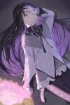  1girl absurdres akemi_homura ao_hoshi argyle_clothes argyle_pantyhose artist_name black_hair black_hairband black_pantyhose black_ribbon colored_inner_hair commentary_request cowboy_shot crying crying_with_eyes_open frown hairband hand_on_own_face highres long_hair long_sleeves lying magical_girl mahou_shoujo_madoka_magica mahou_shoujo_madoka_magica_(anime) multicolored_hair on_back pantyhose purple_eyes purple_hair ribbon signature skirt solo soul_gem tears tile_floor tiles two-tone_capelet two-tone_hair 