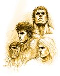  face faux_traditional_media helmet hokuto_no_ken jagi kenshirou long_hair manly monochrome multiple_boys raou_(hokuto_no_ken) short_hair sketch spikes toki_(hokuto_no_ken) tsunetarou_(yasu) 