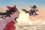  2girls :/ ao_hoshi ascot black_boots black_dress black_gloves black_hat blonde_hair boots bow braid broom broom_riding brown_eyes buttons closed_mouth cloud commentary_request detached_sleeves dot_nose dress flying frilled_bow frilled_dress frilled_hair_tubes frills from_behind gloves hair_bow hair_tubes hakurei_reimu hat hat_bow highres kirisame_marisa long_hair long_sidelocks long_sleeves looking_at_viewer looking_back multiple_girls open_mouth outdoors red_bow red_skirt red_vest ribbon_trim scarf side_braid sidelocks single_braid skirt sky sun sunrise touhou turning_head vest white_bow white_scarf white_sleeves witch_hat yellow_ascot yellow_eyes 