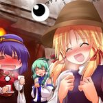  3girls =_= blonde_hair blush closed_eyes drunk green_hair hat kochiya_sanae makino_(ukiuo) moriya_suwako multiple_girls open_mouth purple_hair smile touhou yasaka_kanako 