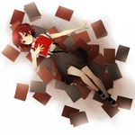  bangs black_legwear black_ribbon black_skirt book book_focus brown_hair collared_shirt doutoku_no_jukai_(vocaloid) from_above full_body hima_(ab_gata) knee_up looking_at_viewer lying meiko on_back on_floor open_book outstretched_arm parted_lips pleated_skirt red_eyes red_hair ribbon running_bond shirt shoes short_hair short_sleeves skirt socks solo spread_fingers suspender_skirt suspenders swept_bangs uniform uwabaki vocaloid white_footwear white_shirt younger 